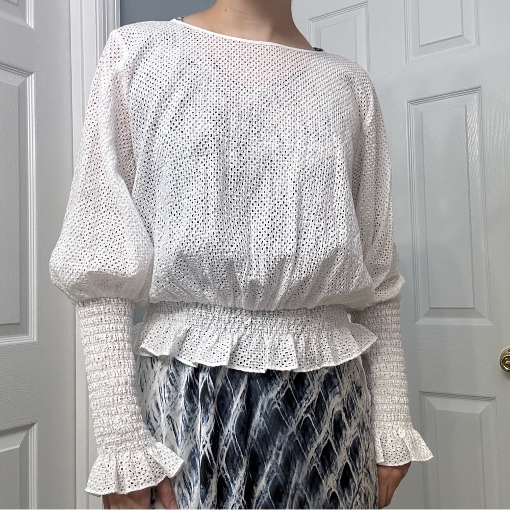 Marysia Resort Top Blouse Long Sleeve White Eyelet Linen Coverup Size Small New